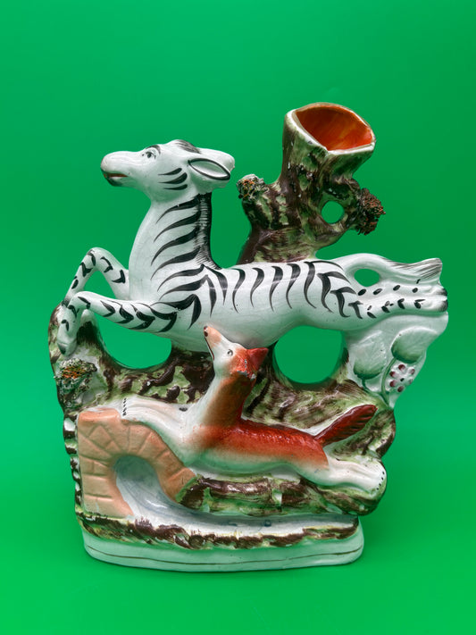 Antique Staffordshire Zebra Fox Spill Vase Victorian c1860 Pottery 8”