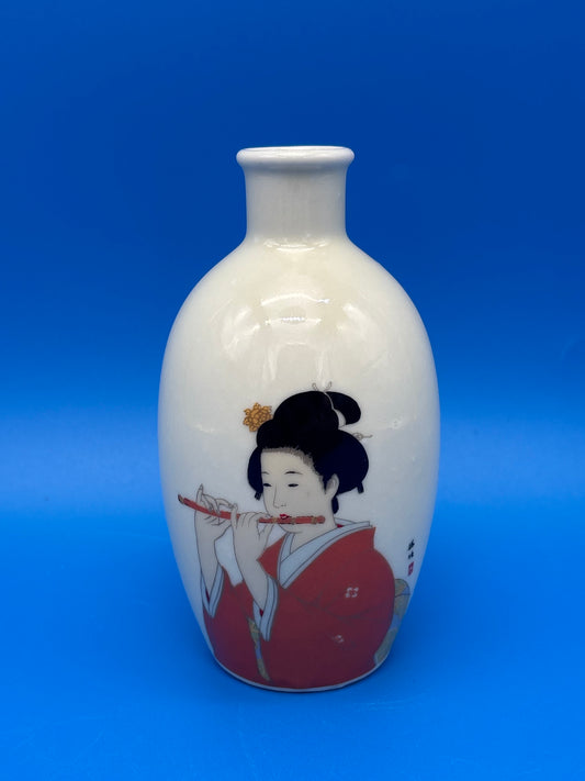 Vintage Japanese Porcelain Sake Bottle Vase Geisha Woman Playing Flute Signed 5”