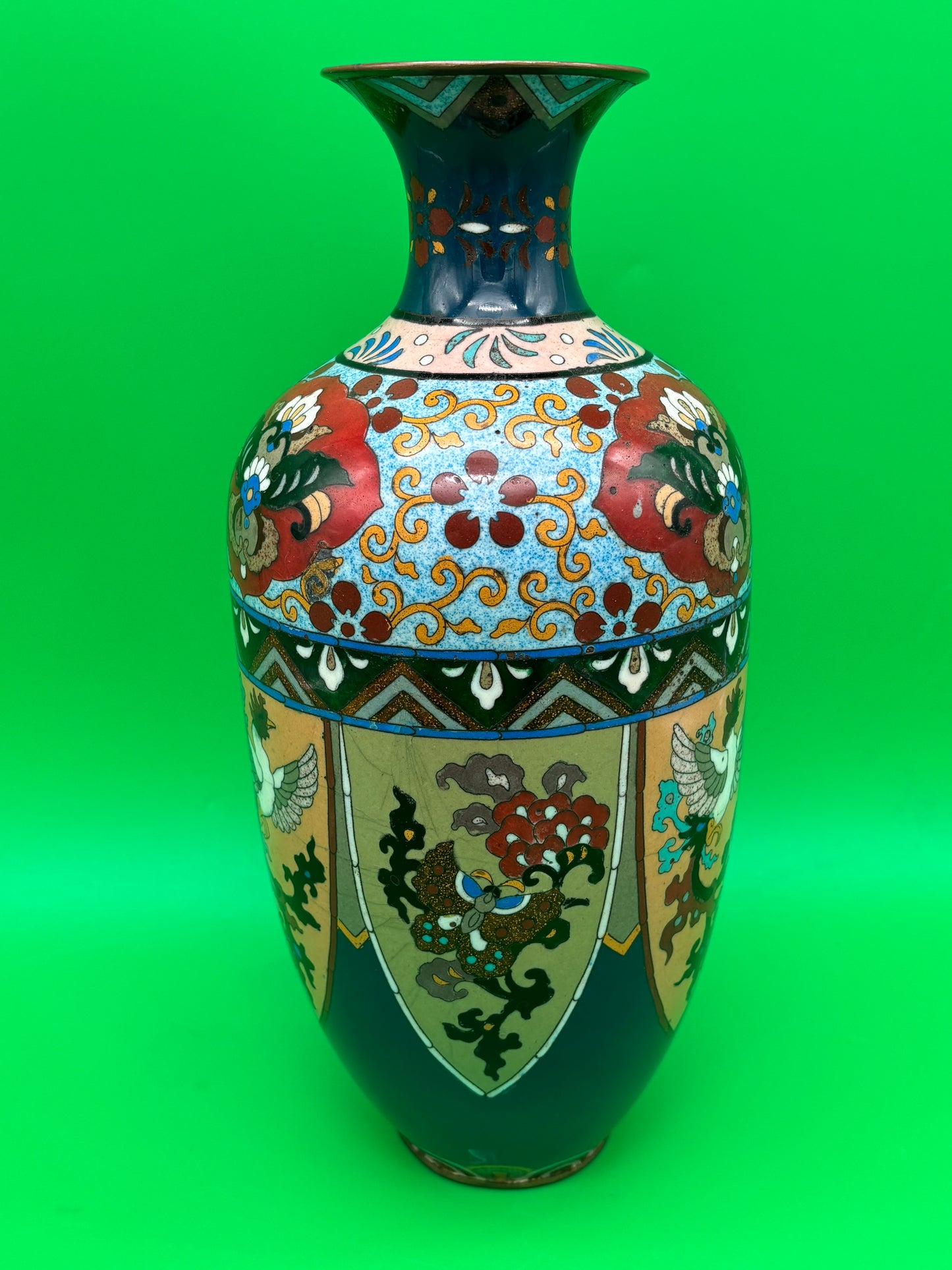 Large Antique Meiji Japanese Cloisonne Dragon Ho-o Phoenix Shield Vase 11.75”