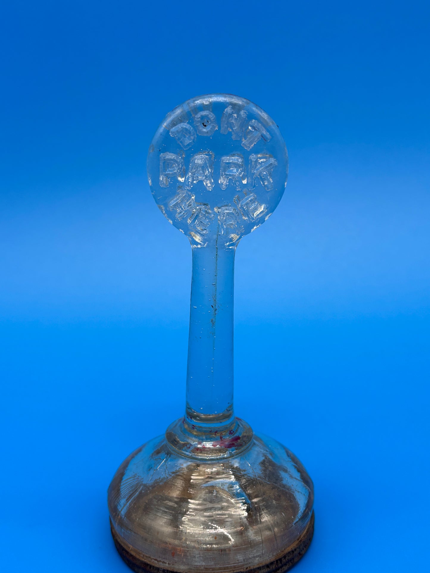 Antique 1920s DON’T PARK HERE Glass Candy Jar Container Metal Lid USA Novelty Advertising