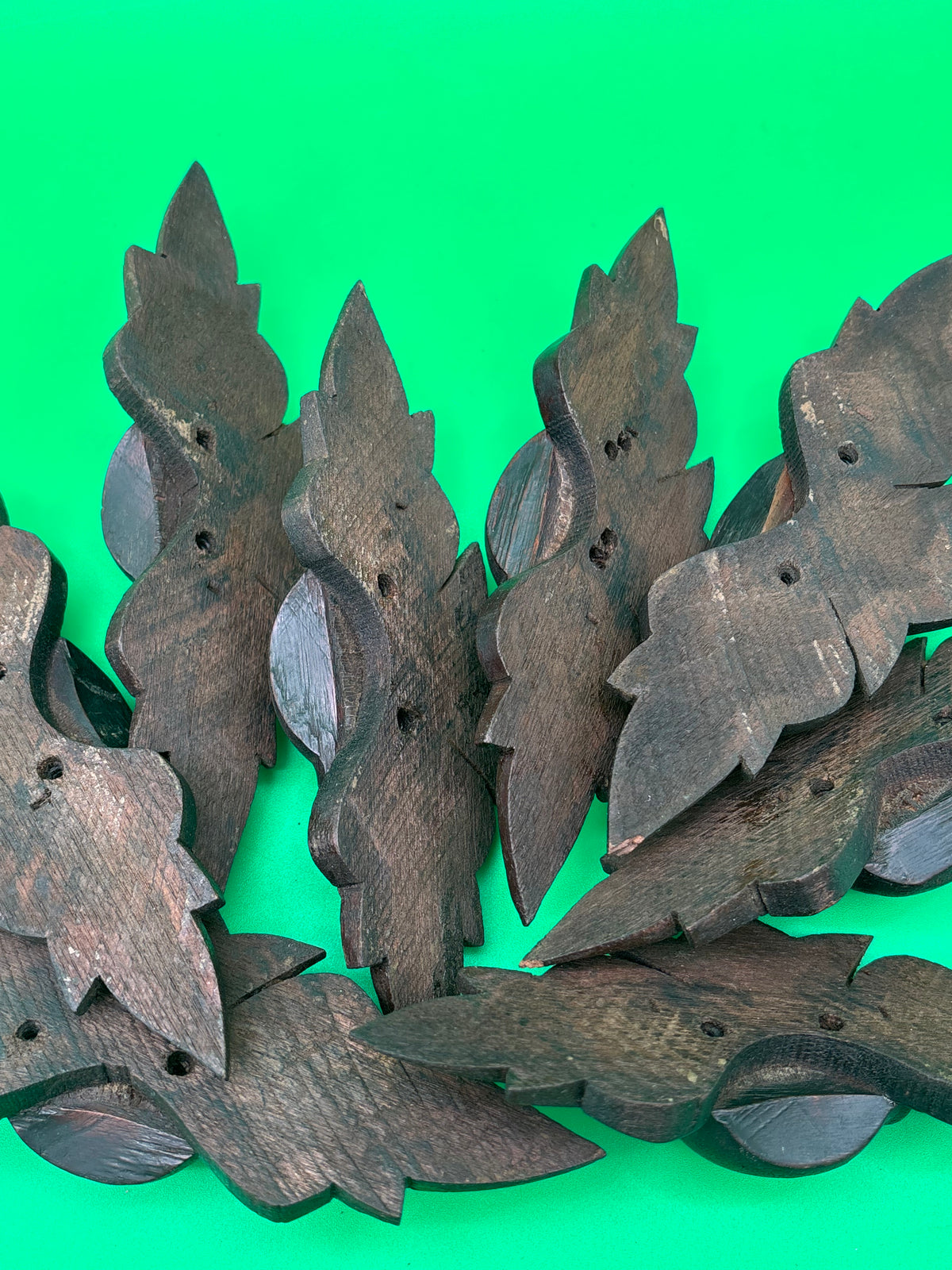 Antique Victorian Eastlake Carved Wood Drawer Pulls Floral Leaf Design Set of 8