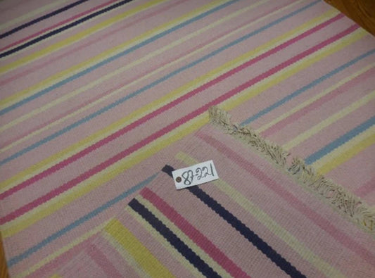 Vintage Handwoven Pastel Striped Flat Weave Rug Fringe Cottage Farmhouse Boho 6ft x 4ft