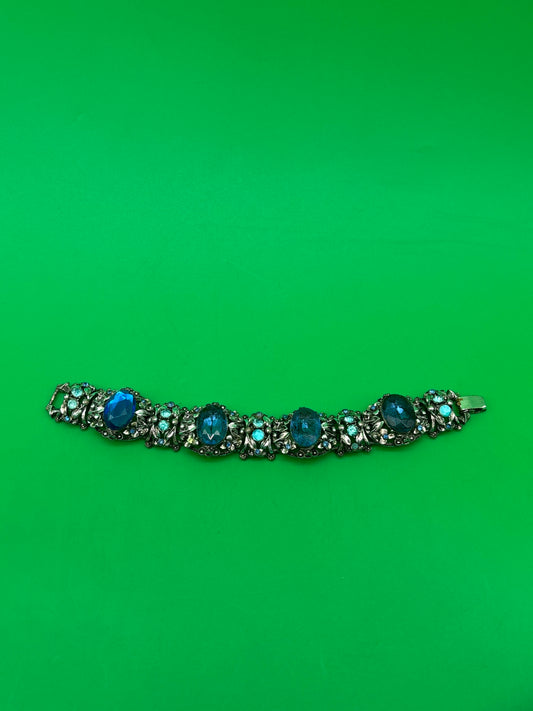 Vintage Unsigned Selro / Selini Style Blue Glass Rhinestone Statement Bracelet