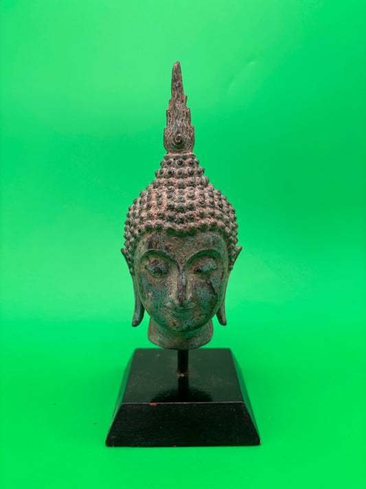 Vintage Thai Bronze Buddha Head Sculpture Flame Ushnisha Patina Wood Stand