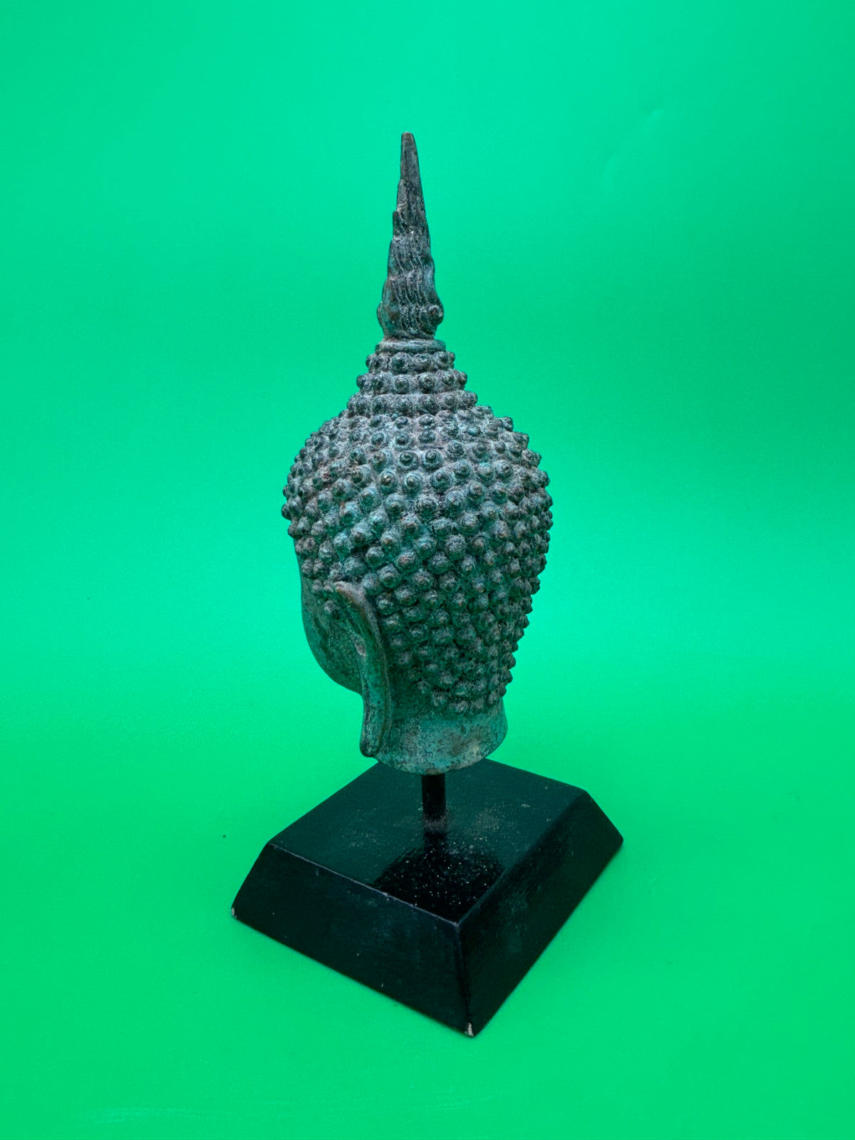 Vintage Thai Bronze Buddha Head Sculpture Flame Ushnisha Patina Wood Stand
