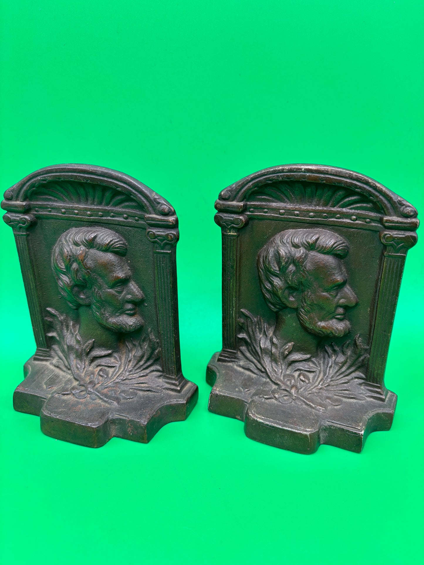 Vintage Heavy Metal Abraham Lincoln Bookends Pair Civil War Era Style
