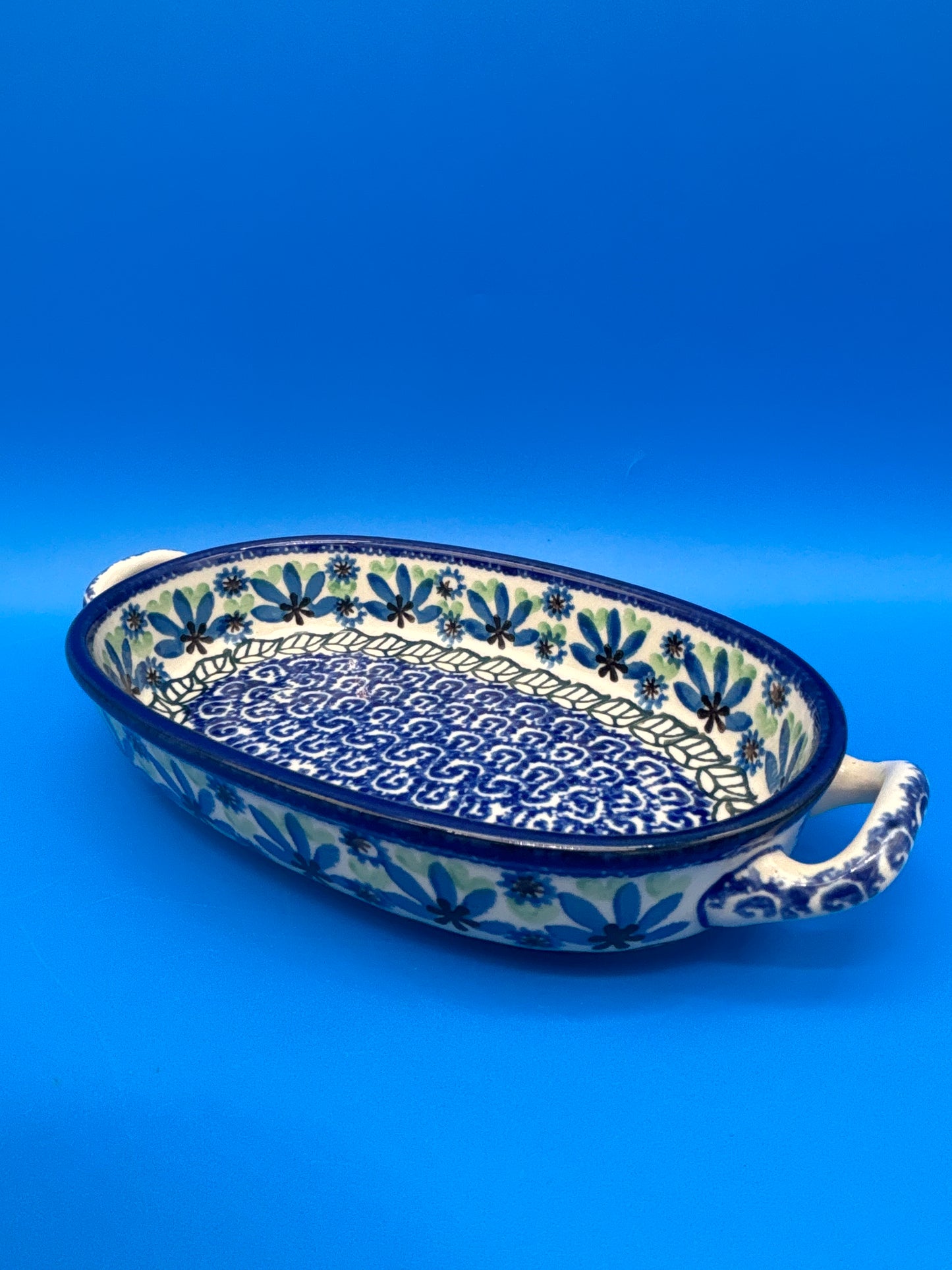 Boleslawiec Polish Pottery Oval Baker Dish Blue Green Floral #192 Poland 9”