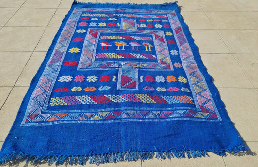 Rare Hand Knotted Vintage Morocco Sumouk Kilim Kilm Wool Area Rug 4.6 x 3.1 Ft