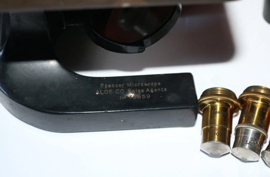 Vintage Brass Spencer Microscope ALOE Co. No. 75659 c.1922 w/ Extra Optics & Wood Case