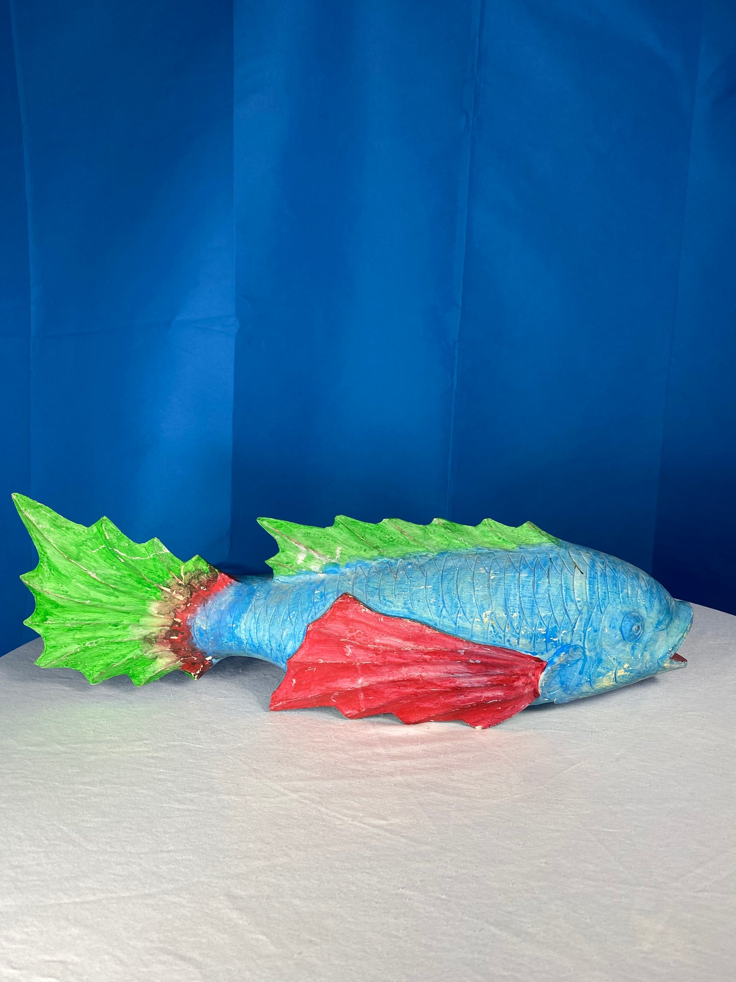Large Colorful Hand Carved Wood Blue, Green, and Red Fish
