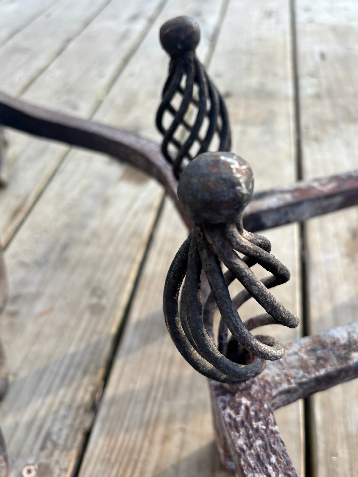 Pair of Vintage Andirons Hand Hammered Wrought Iron Spiral Finials