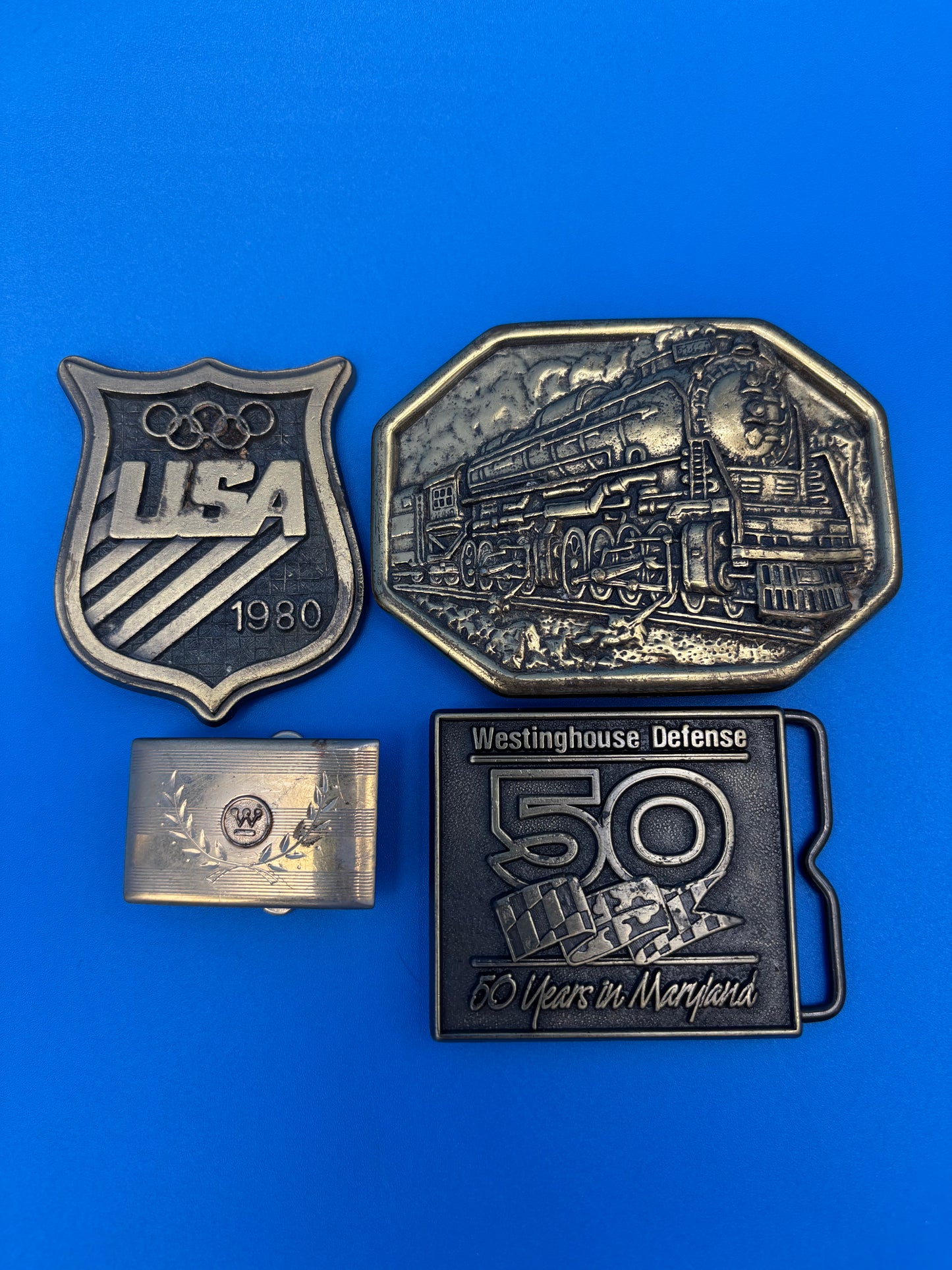 Vintage Belt Buckle & Money Clip Lot Avon Train USA Olympics Westinghouse 4 Pc