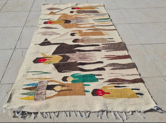 Rare Hand Knotted Vintage Bulgaria Pictorial Wool Kilim Area Rug 4.0 x 2.3 Ft