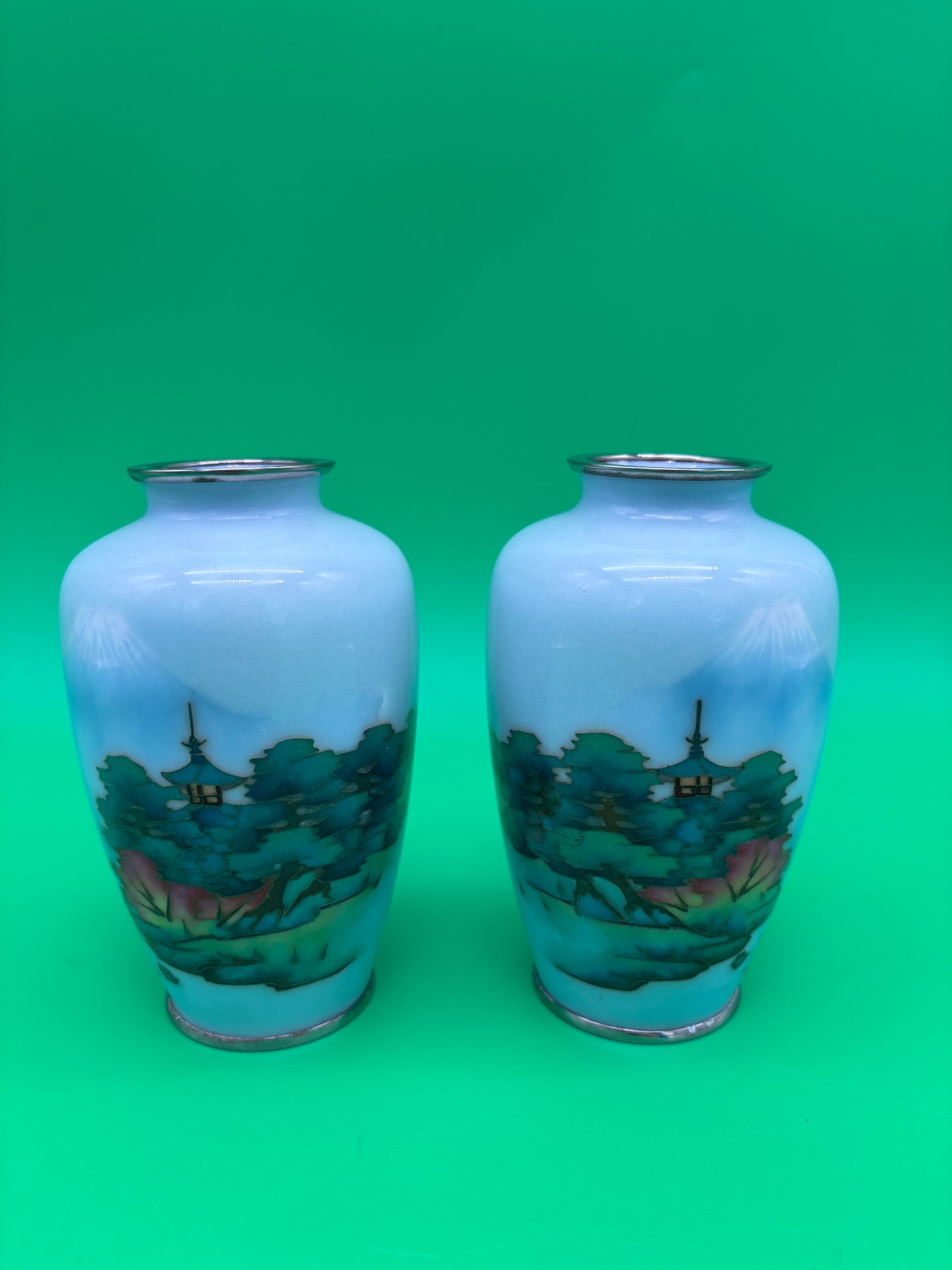 Pair Antique Japanese Musen Cloisonne Mt Fuji Pagoda Landscape Vases 4.5”