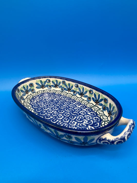 Boleslawiec Polish Pottery Oval Baker Dish Blue Green Floral #192 Poland 9”