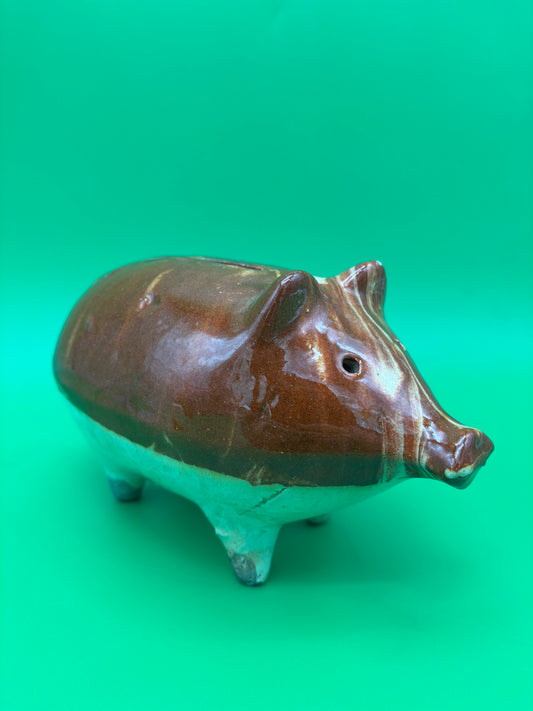 Antique Vintage Yellowware Piggy Bank Stoneware Mocha Drip Glaze Hole Eyes