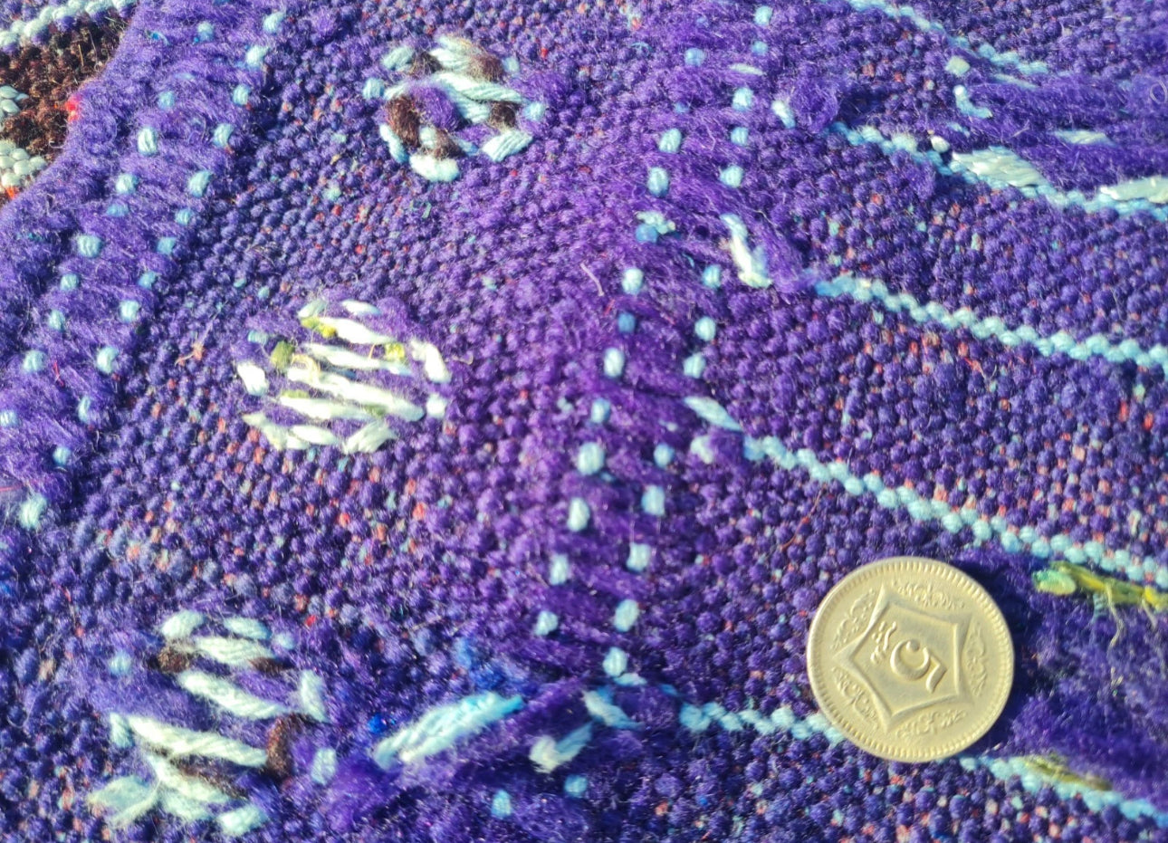 Rare Handwoven Vintage Moroccan Soumak Kilim Wool Rug – Purple Tribal Flatweave – 3’8” x 2’1”