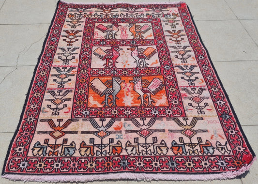 Rare Hand Knotted Vintage Soumak Kilim Silk Area Rug 3.0 x 2.4 Ft