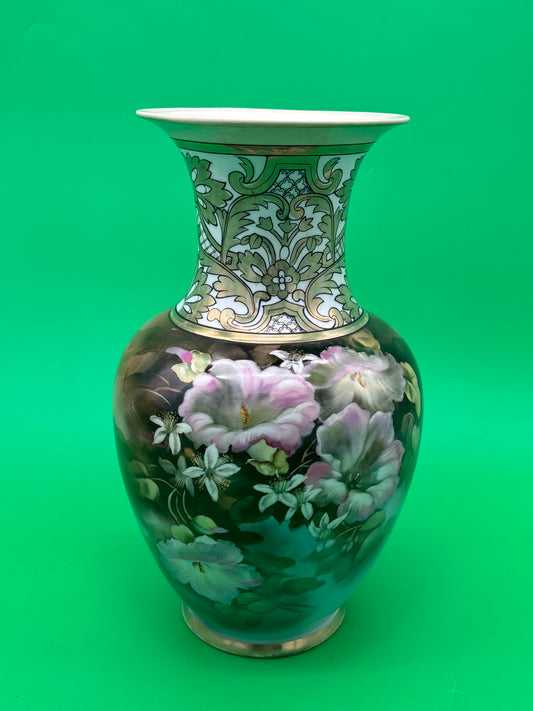 Vintage Noritake Hand Painted Japan 11” Floral Vase Pink Flowers Gold Gilt