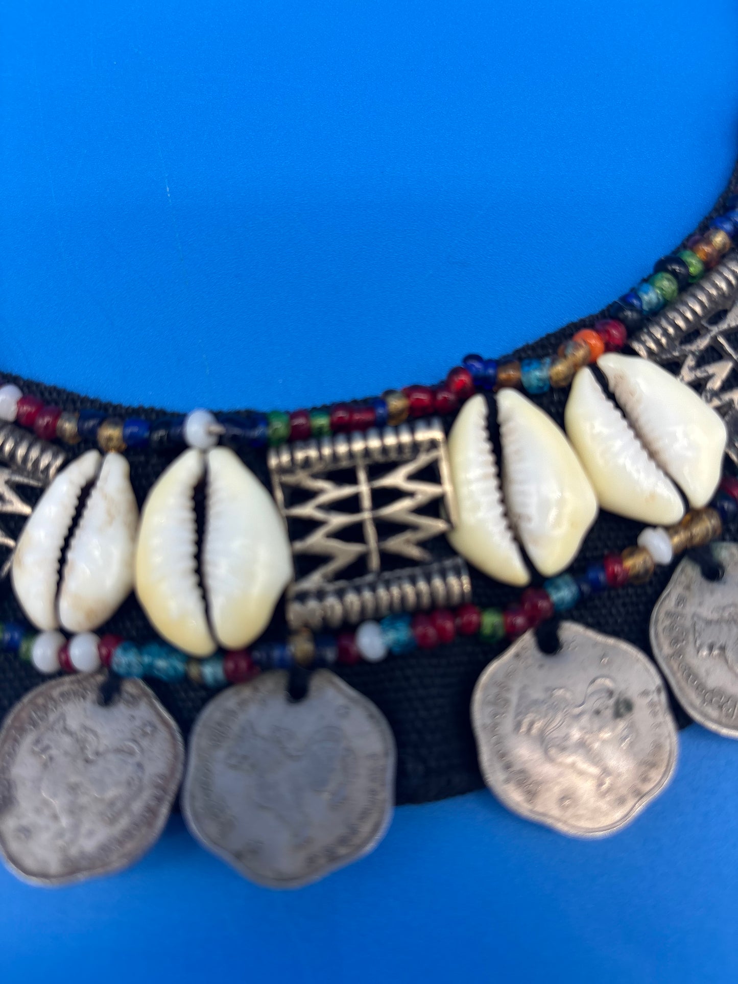 Vintage HUGE Tribal Bib Necklace Cowrie Shells Beads Myanmar Coins Boho Statement