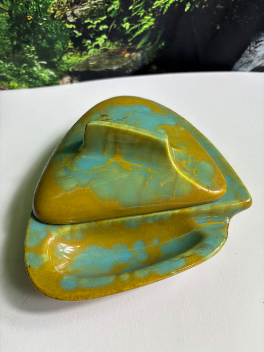 Fabulous Enchanto Pottery California Mid-century Vintage Avocado Green & Teal Ashtray