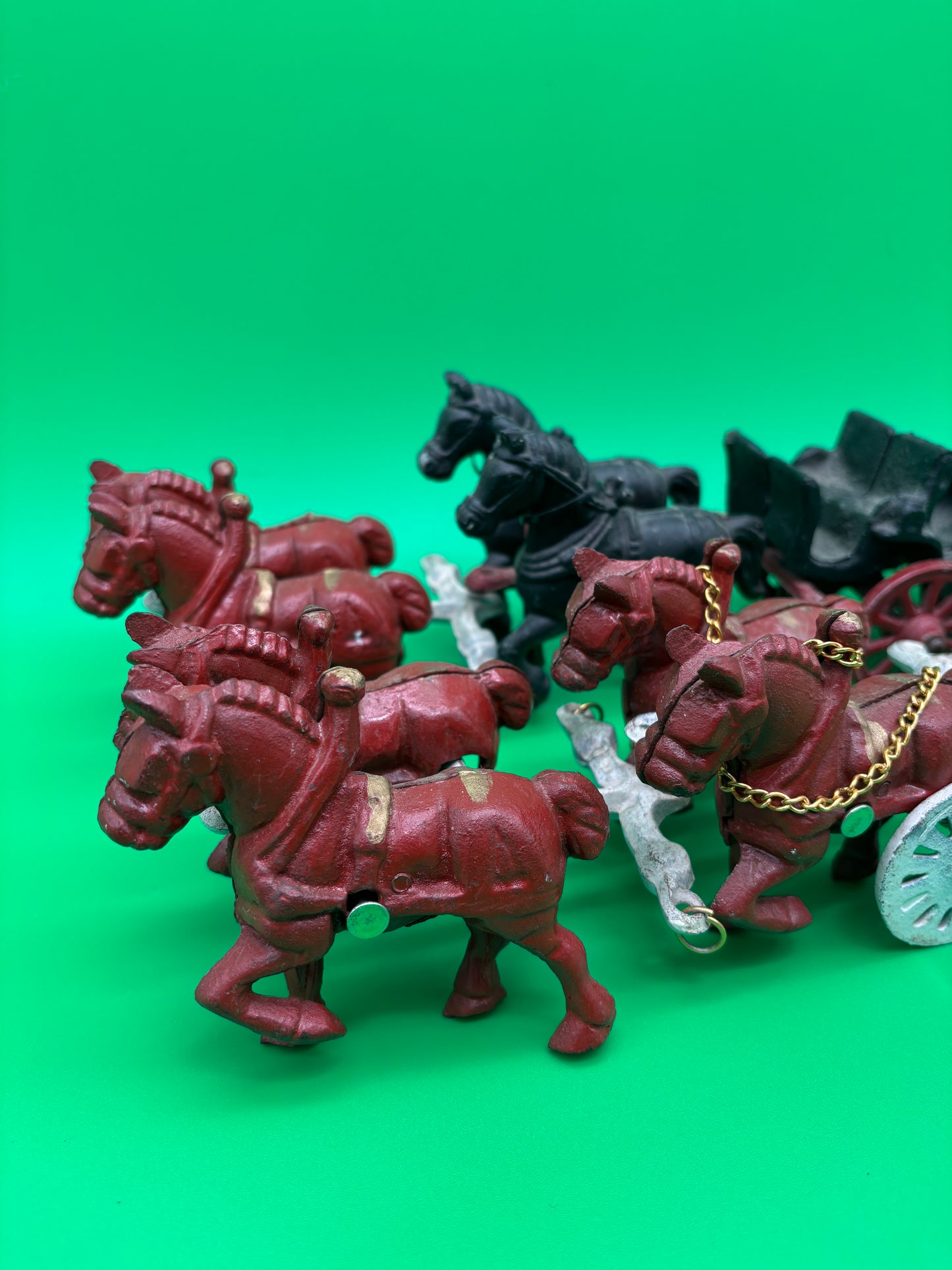 Vintage Cast Iron Horse-Drawn Wagon Toy Lot, Drivers & Carts, Early 20th Century Style