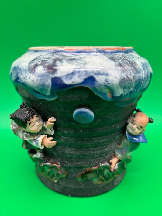 Antique Japanese Sumida Gawa Vase Signed Ban-ni Blue Drip Glaze Figural 5.25”