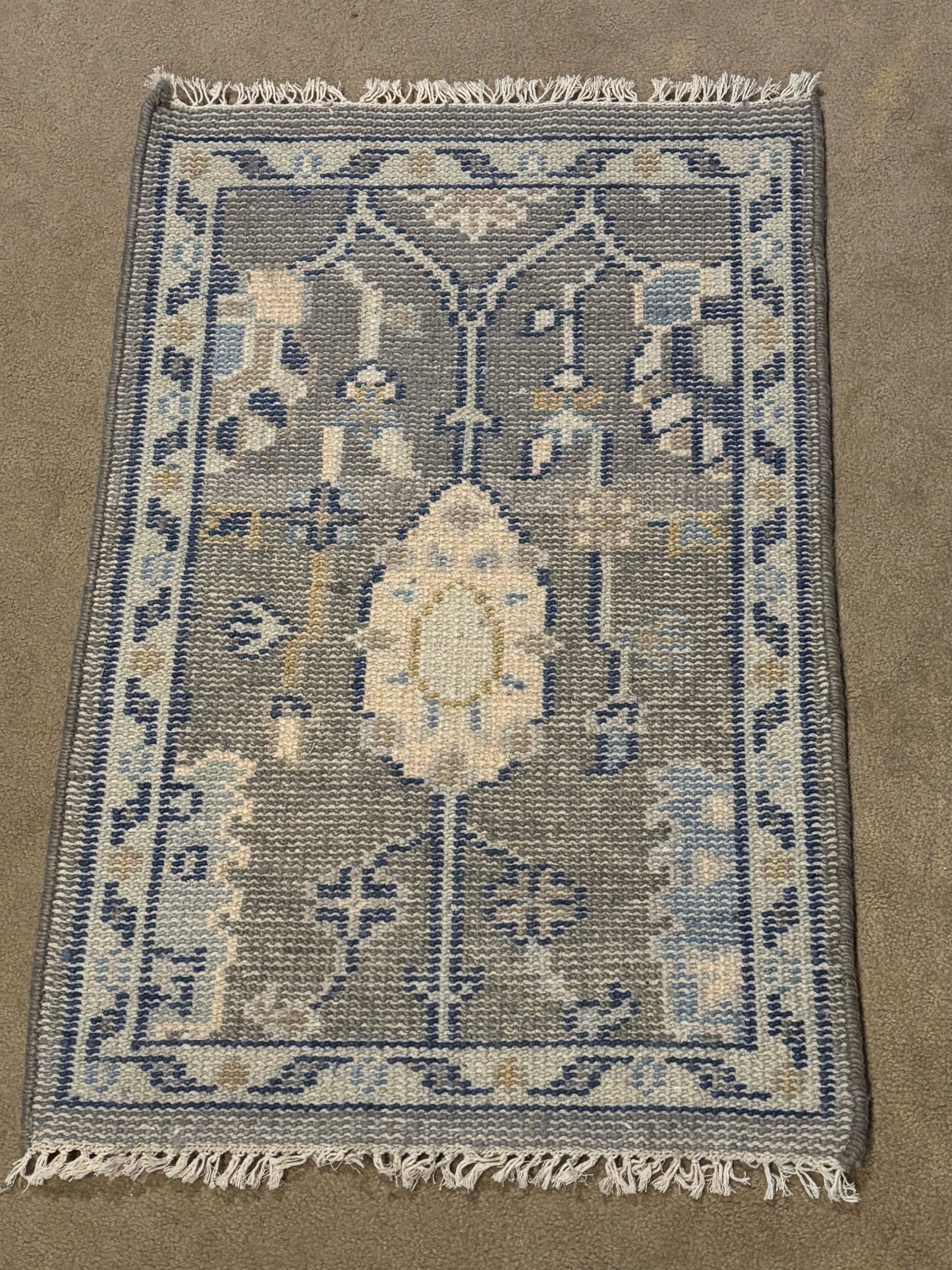 Handmade Oushak Style Wool Accent Rug 2x3 Gray Blue Turkish Floral Boho Decor