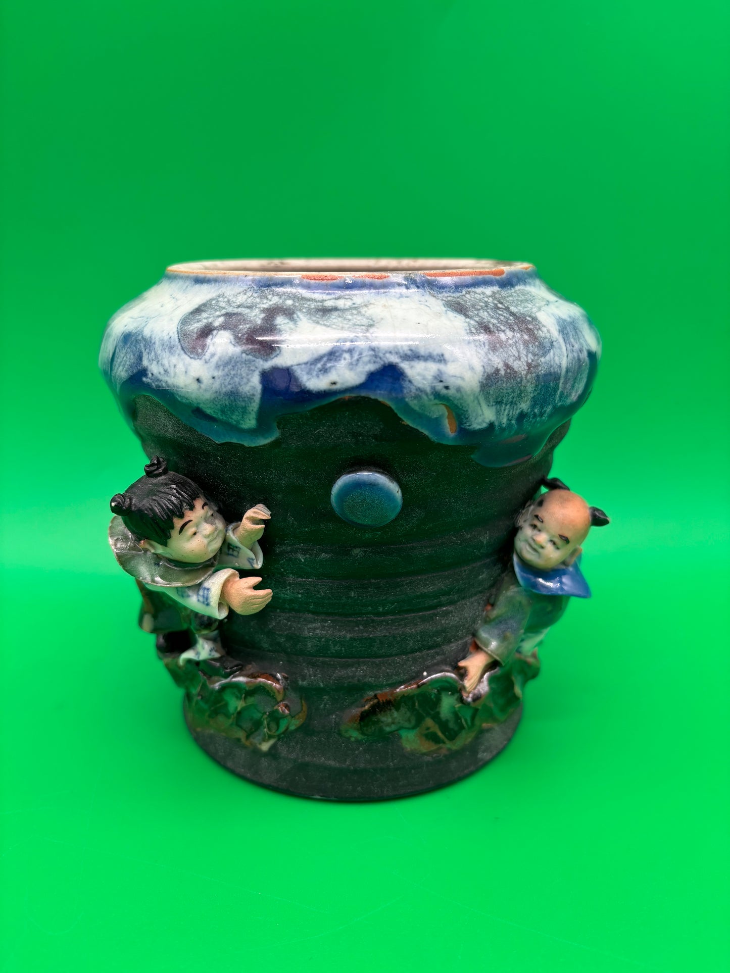 Antique Japanese Sumida Gawa Vase Signed Ban-ni Blue Drip Glaze Figural 5.25”