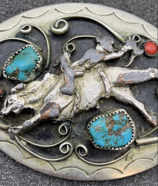 Vintage 1978 Vogt Style Western Cowboy Belt Buckle Turquoise Coral Horse Rodeo