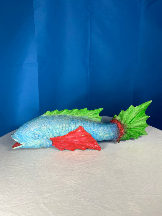 Large Colorful Hand Carved Wood Blue, Green, and Red Fish