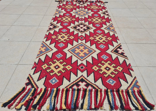 Handwoven Kilim Style Runner Rug Red Geometric Tribal Southwestern Fringe Accent Rug 5.3’ x 2.6’