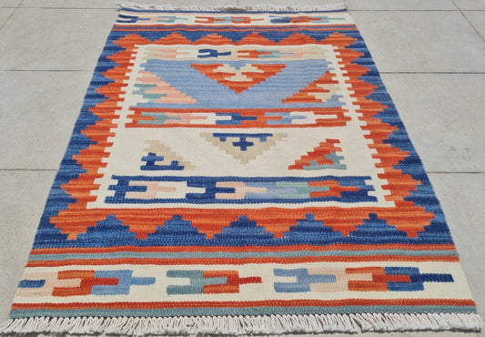 Vintage Hand Knotted Shiraz Kilim Wool Area Rug 2.9 x 2.1 Ft Blue Orange Persian Style