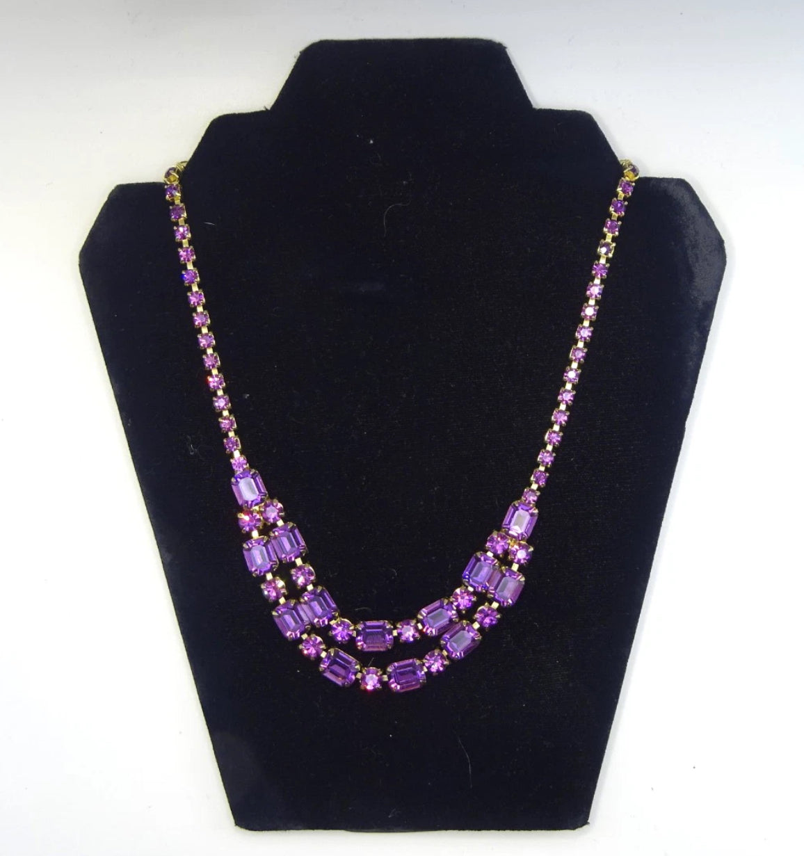 Vintage Purple Amethyst Rhinestone Crystal Costume Jewelry Necklace Art Deco Style