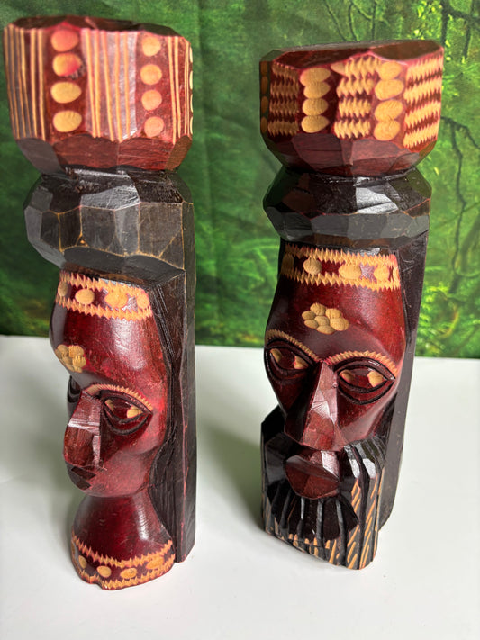 Genuine Hand Carved Jamaican Wooden Tiki Totem Head Figurines Tiki Décor Pair