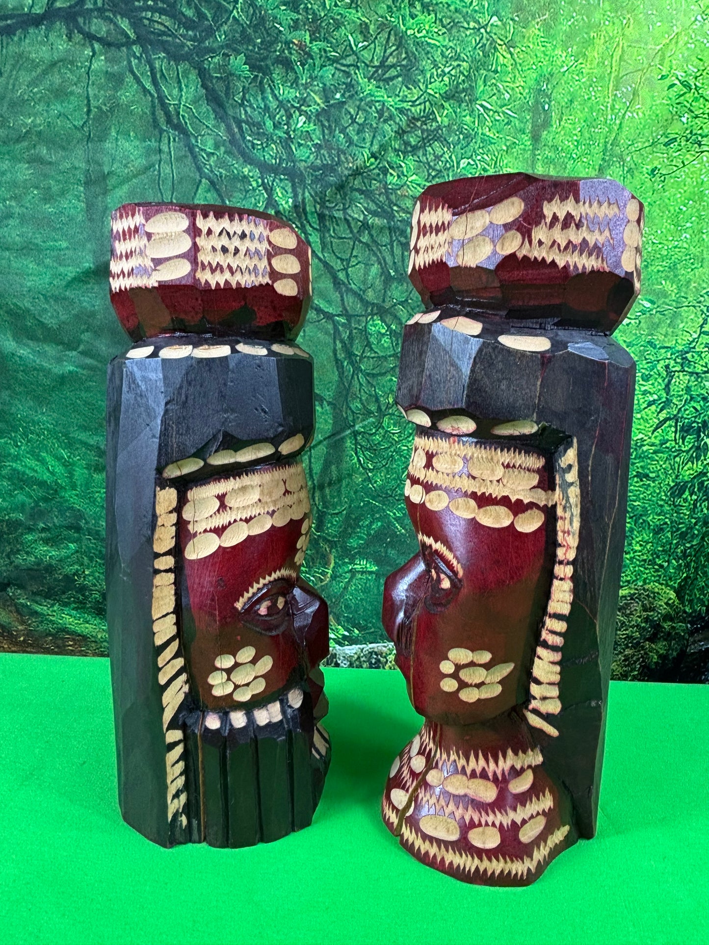 Genuine Hand Carved Jamaican Wooden Tiki Totem Head Figurines Tiki Décor Pair