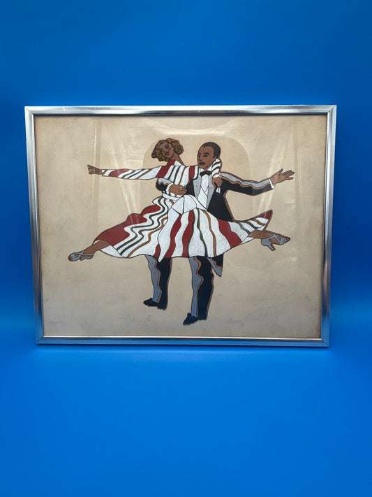Vintage Mid Century Dancing Couple Art Reverse Painted Glass Art Deco Chrome Frame