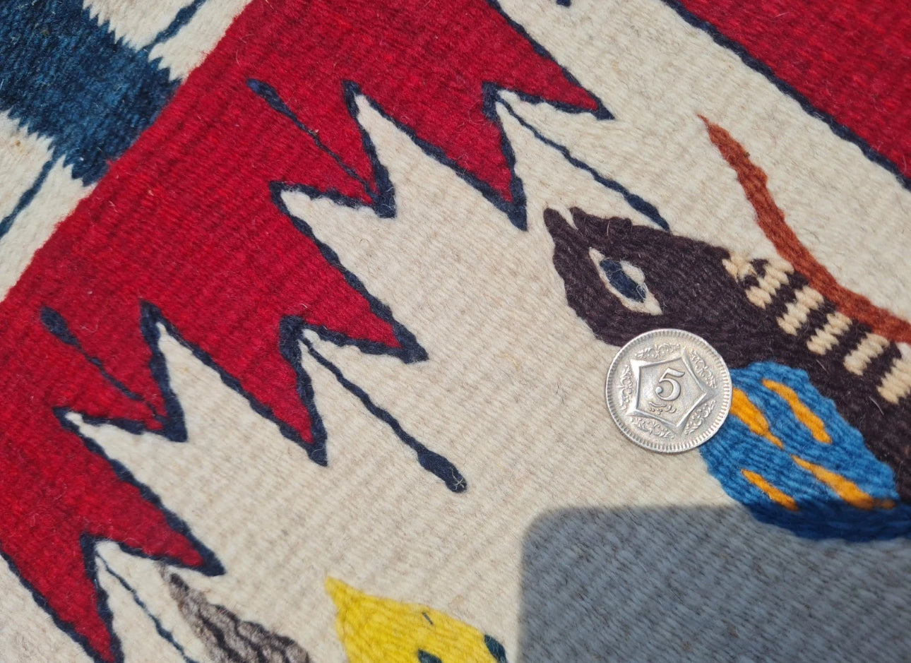 Vintage Hand Knotted Kilim Wool Area Rug Red Bird Tree Design Tribal Folk Art Rug 3.2’ x 1.1’