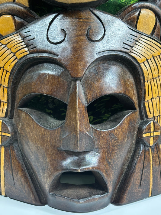 Tribal Mask Warrior Headdress Hand-Carved Wood Folk Art Wall Hang