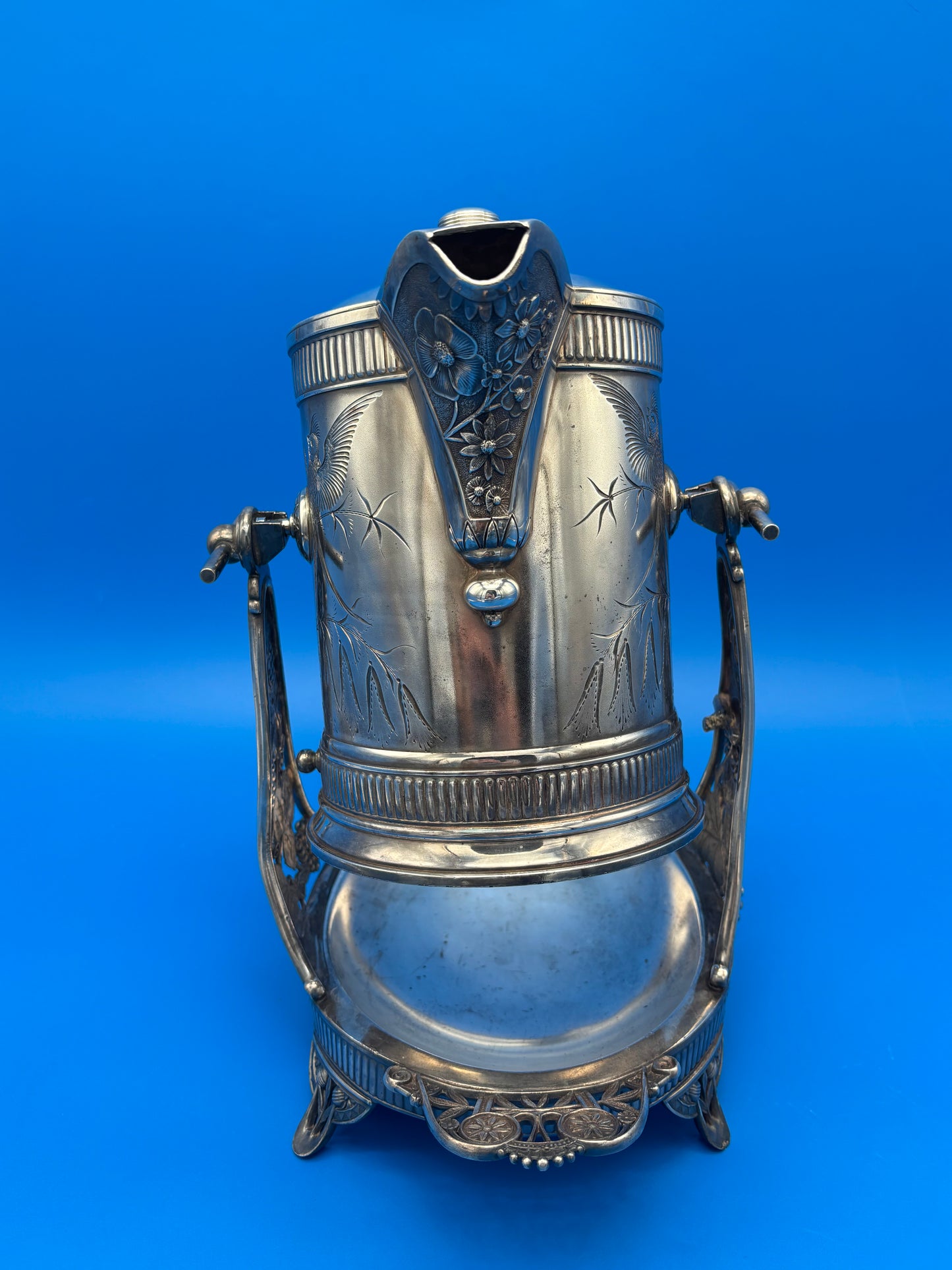 Antique Pairpoint Quadruple Plate Victorian Tilting Ice Water Pitcher & Stand Bird Grape 1826½