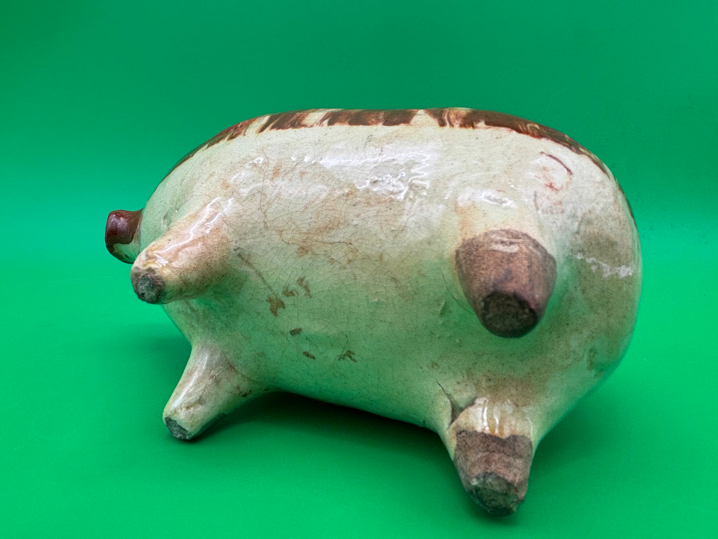 Antique Vintage Yellowware Piggy Bank Stoneware Mocha Drip Glaze Hole Eyes