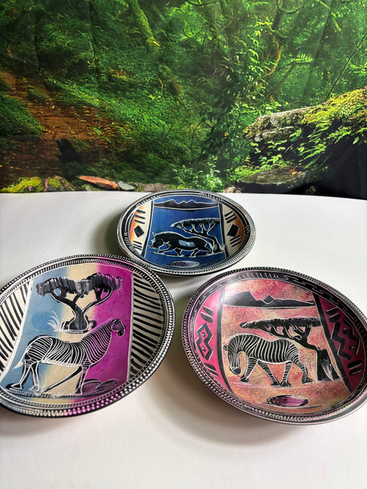 Set of 3 African Safari Soapstone 6" Trinket Bowls