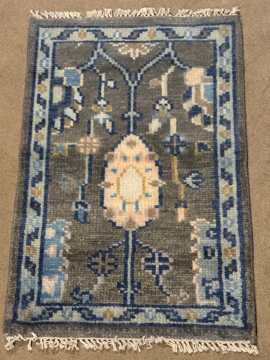 Handmade Oushak Style Wool Accent Rug 2x3 Gray Blue Turkish Floral Boho Decor