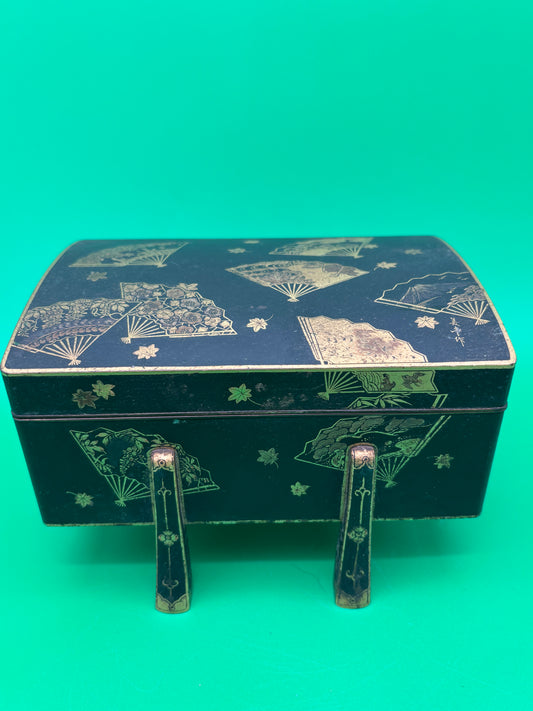 Antique Japanese Fujii Damascene Footed Cigarette Box Mt Fuji Mark Gold Inlay c1930