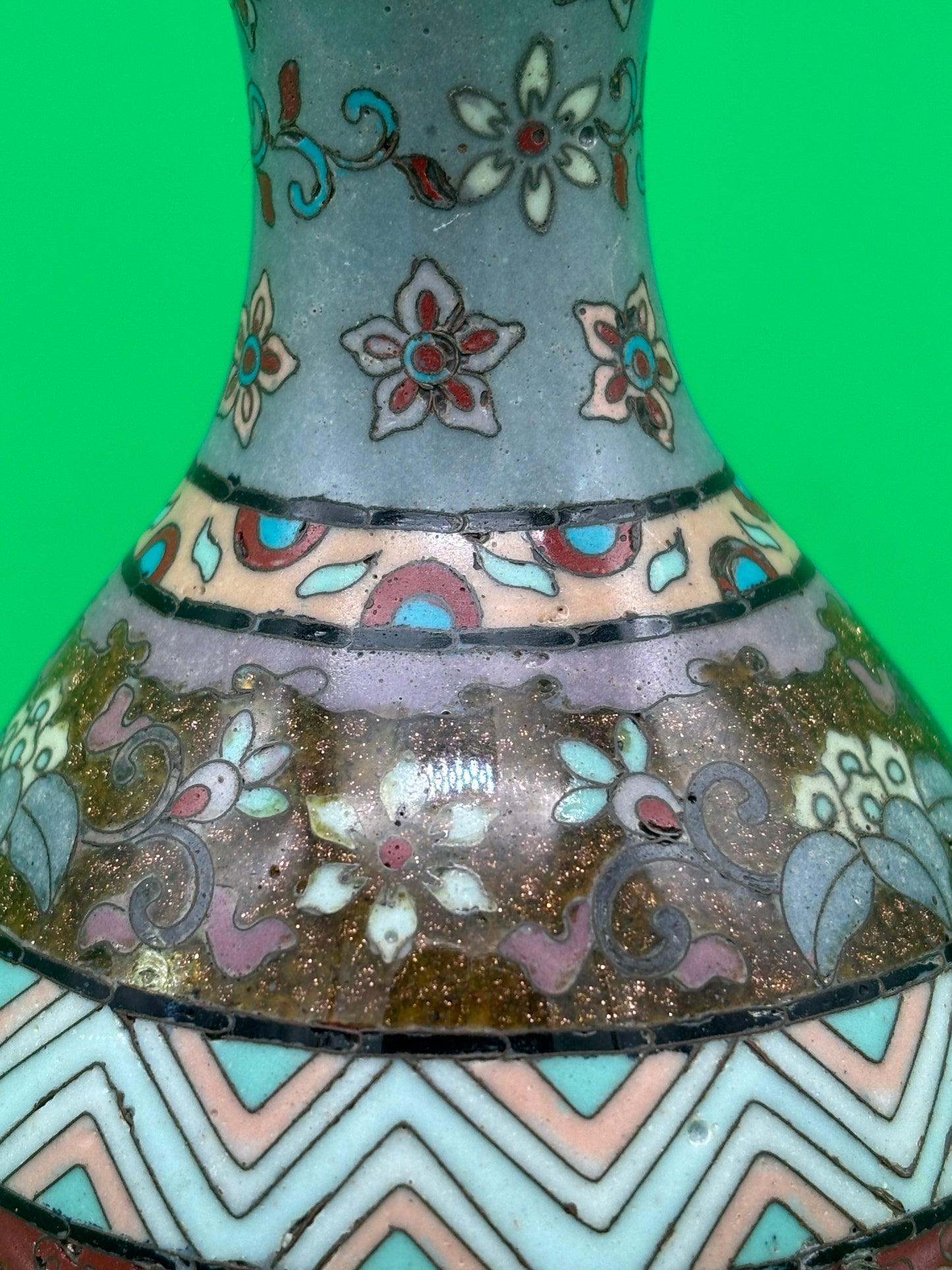 Antique Meiji Japanese Goldstone Cloisonne Enamel Pastel Floral Vase 7 1/4”