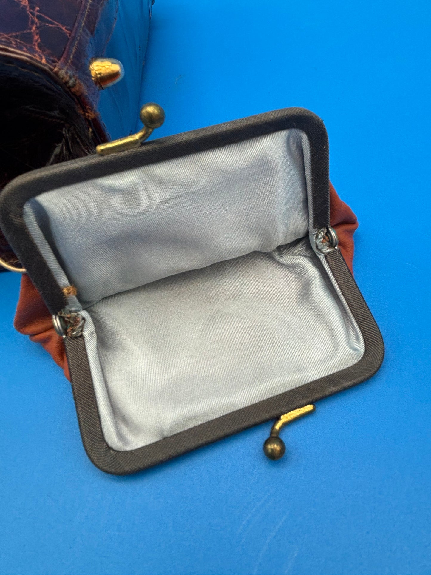 Classy Alligator Pattern With Clasp Handbag Brass Accents, Pockets, Change Purse, and Mirror