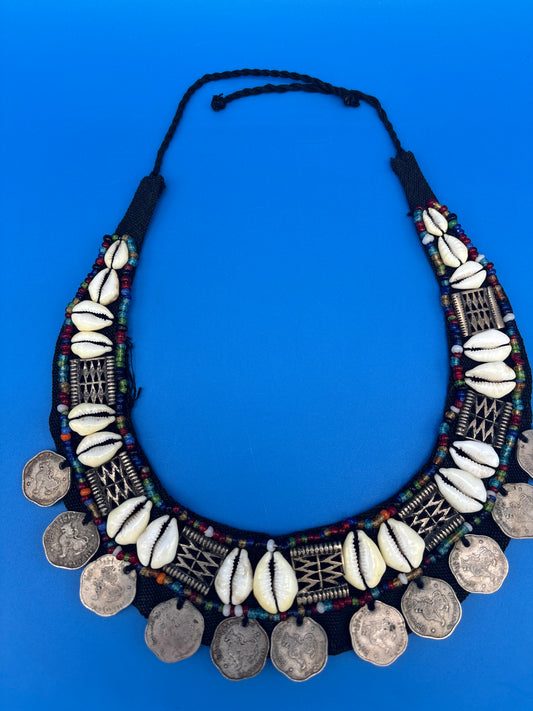 Vintage HUGE Tribal Bib Necklace Cowrie Shells Beads Myanmar Coins Boho Statement