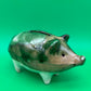Antique Yellowware Piggy Bank Green Drip Glaze Hole Eyes Pottery Still Bank 6.5”