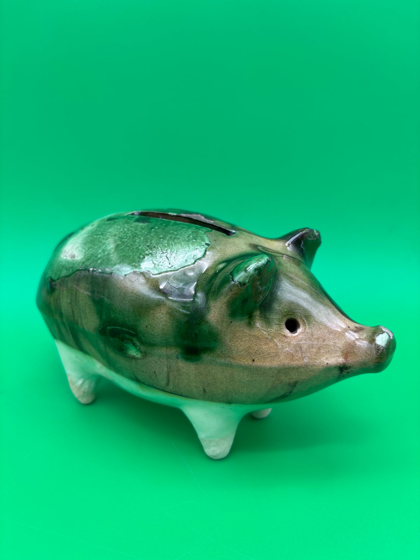 Antique Yellowware Piggy Bank Green Drip Glaze Hole Eyes Pottery Still Bank 6.5”