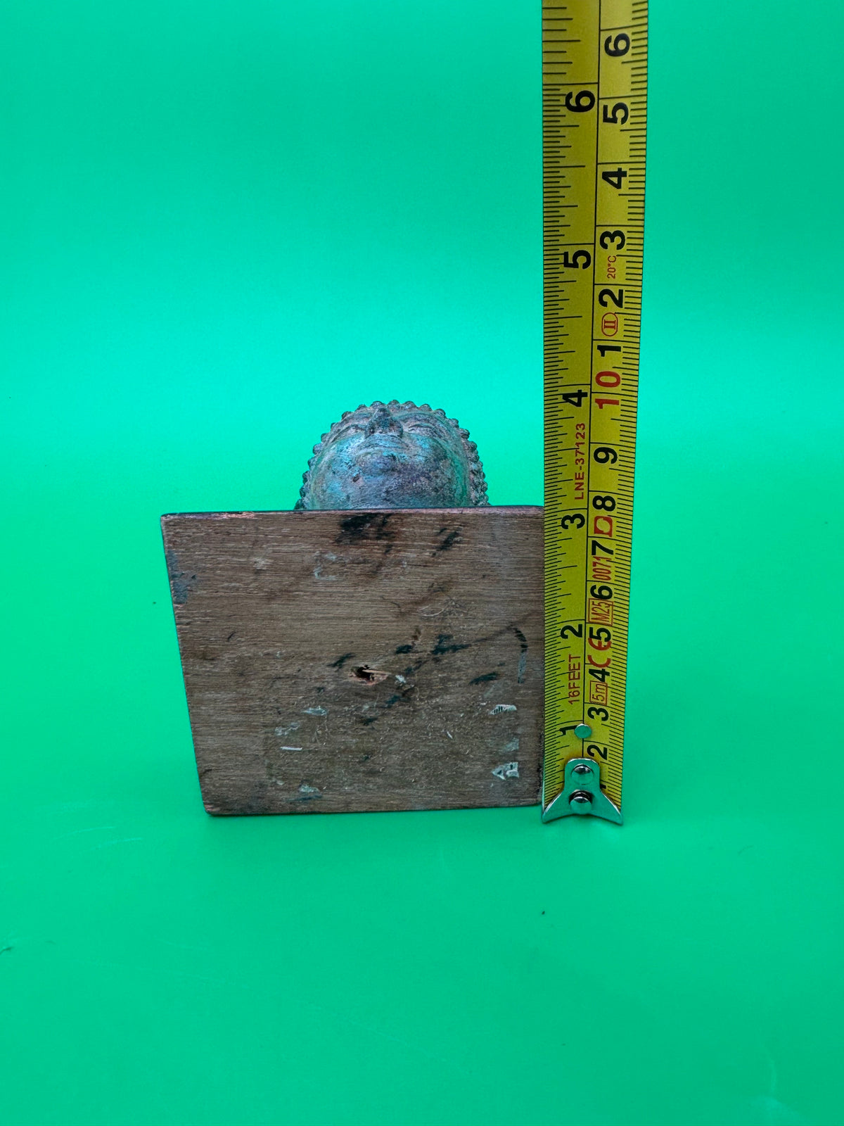 Vintage Thai Bronze Buddha Head Sculpture Flame Ushnisha Patina Wood Stand
